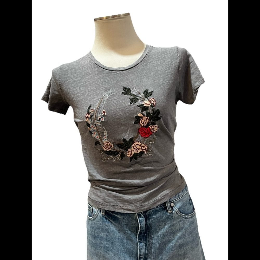 Lucky Brand Gray Floral Embroidered Tee